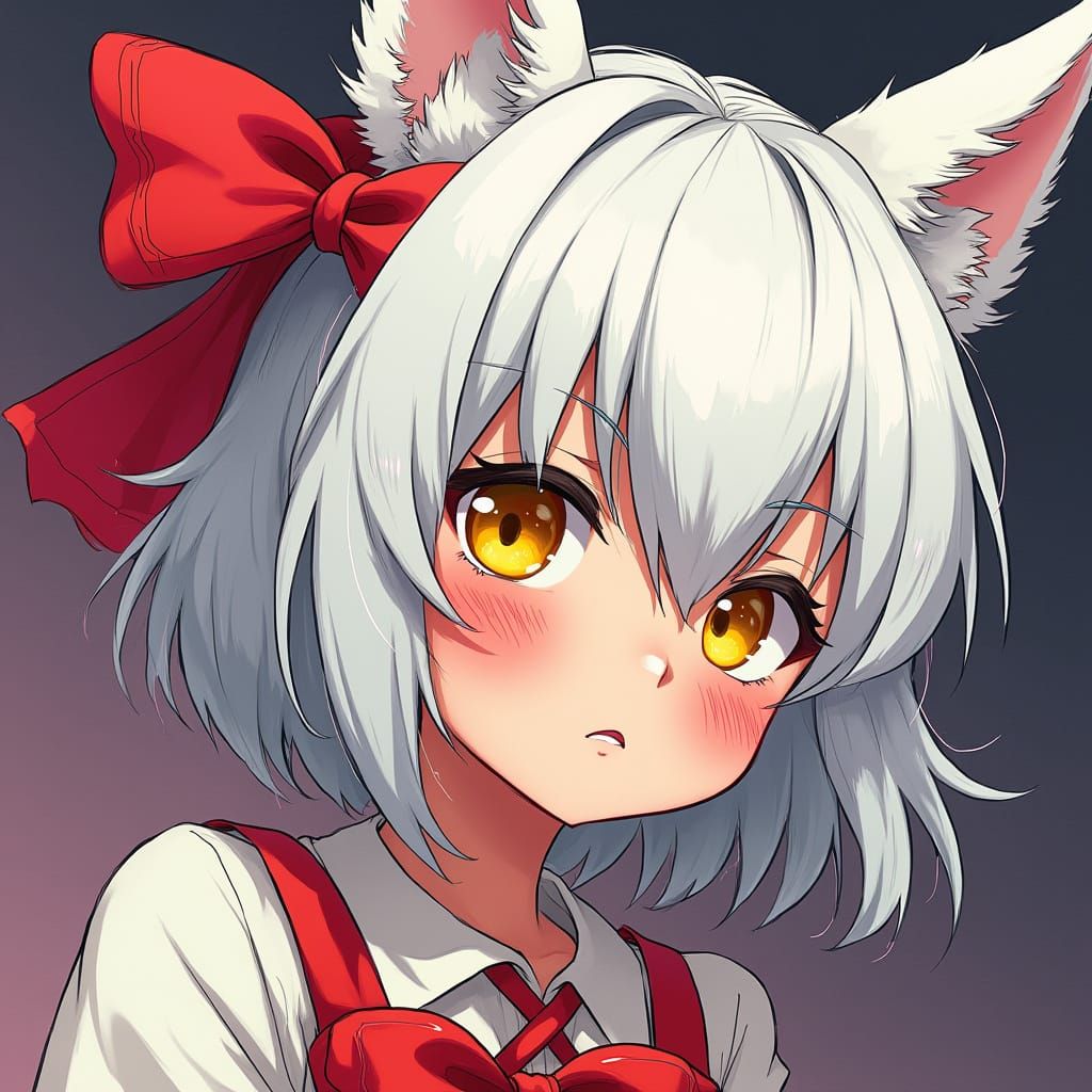 Classic Manga Girl with Fox Ears and Red Ribbon