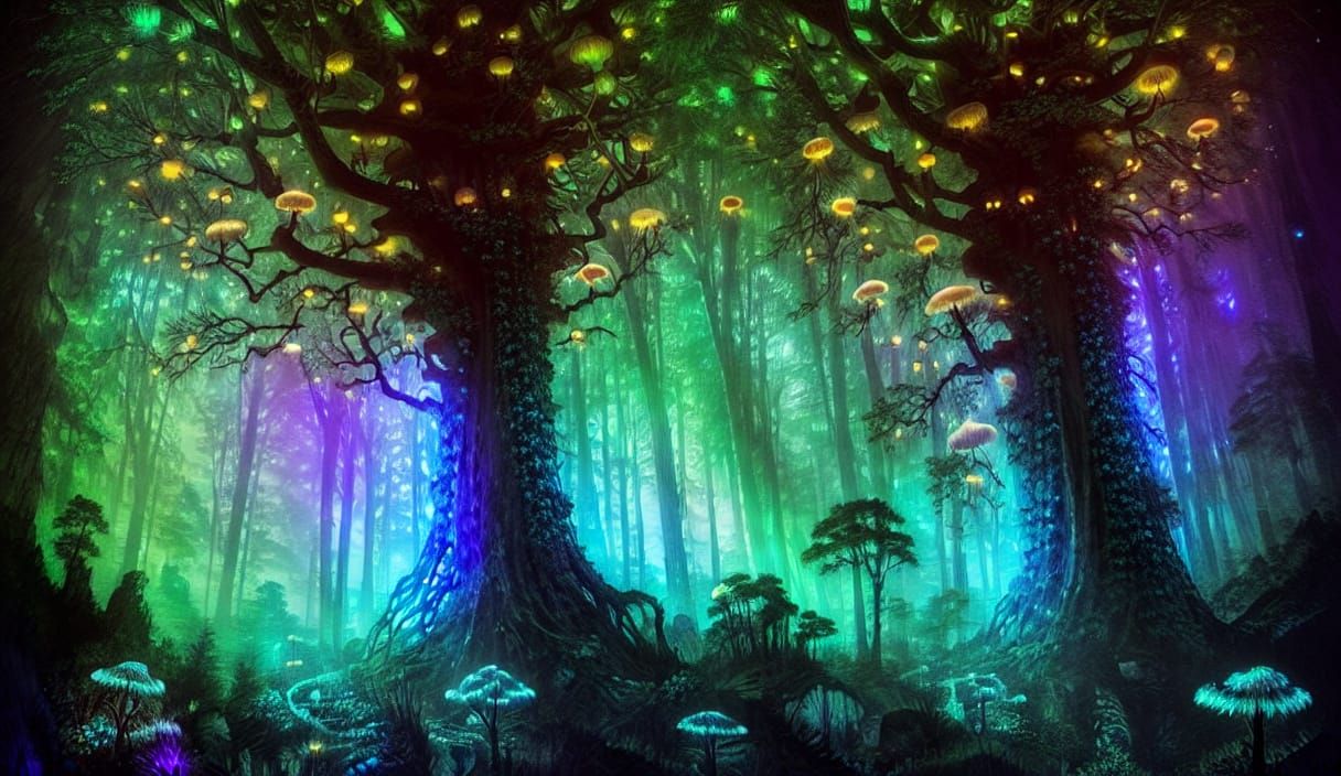 Bioluminescent Forest at Twilight in Surreal Oil Painting
