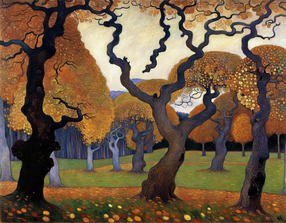 Autumn Oak Trees in Klimt Style Oil Painting