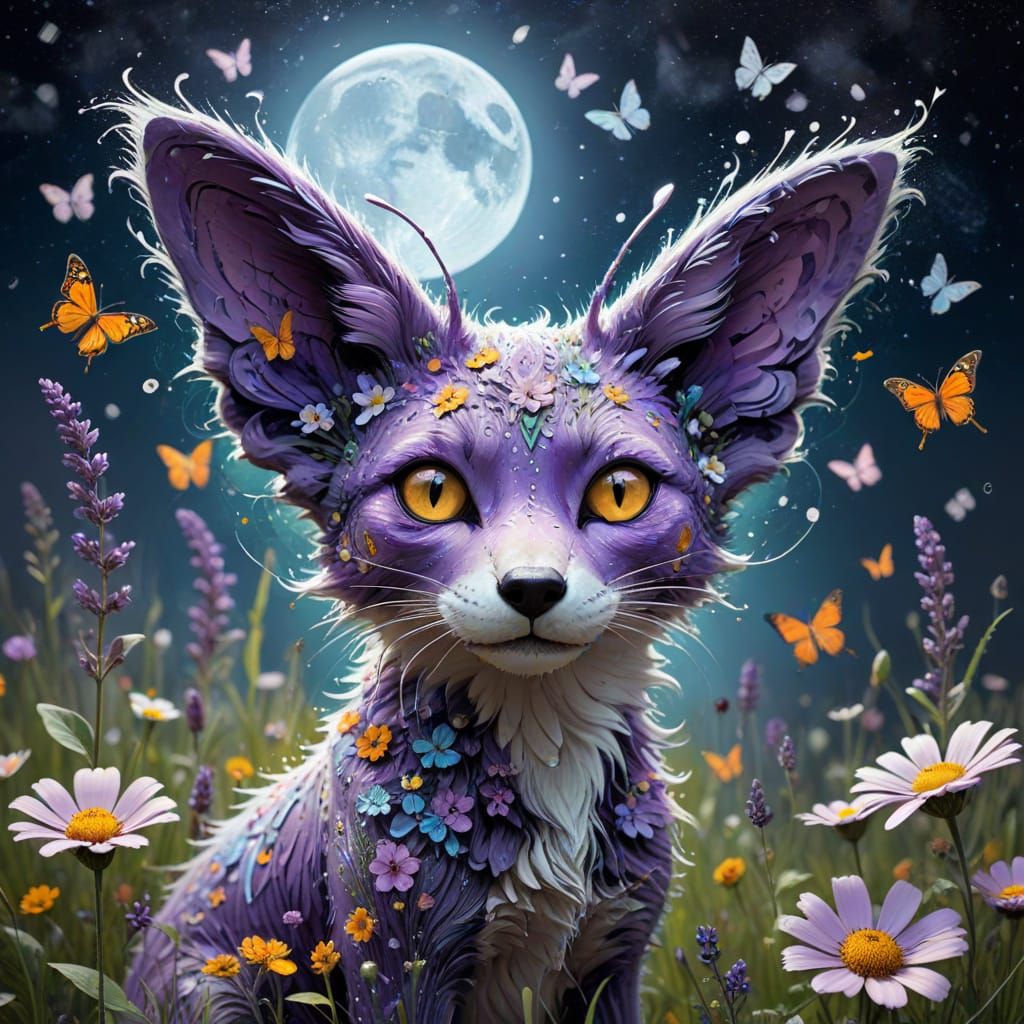 Whimsical Lavender Fox Graffiti Art Under the Moonlit Meadow