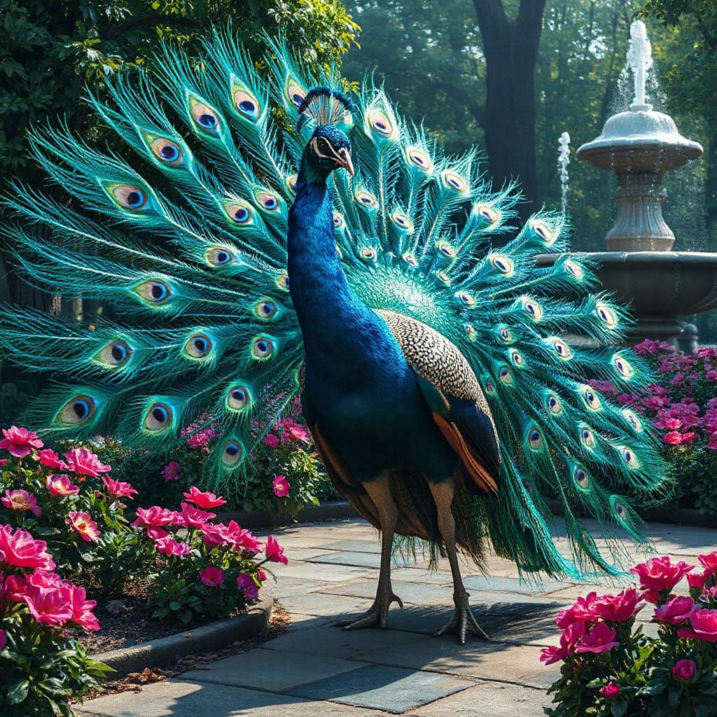 Turquoise Peacock in Royal Garden, Fantasy Art