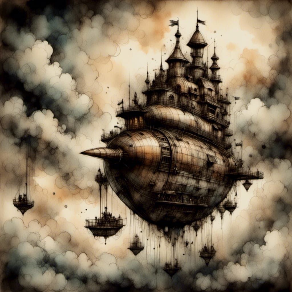 Steampunk Airship Soaring Through Fantasy Sky: Ink Drawing