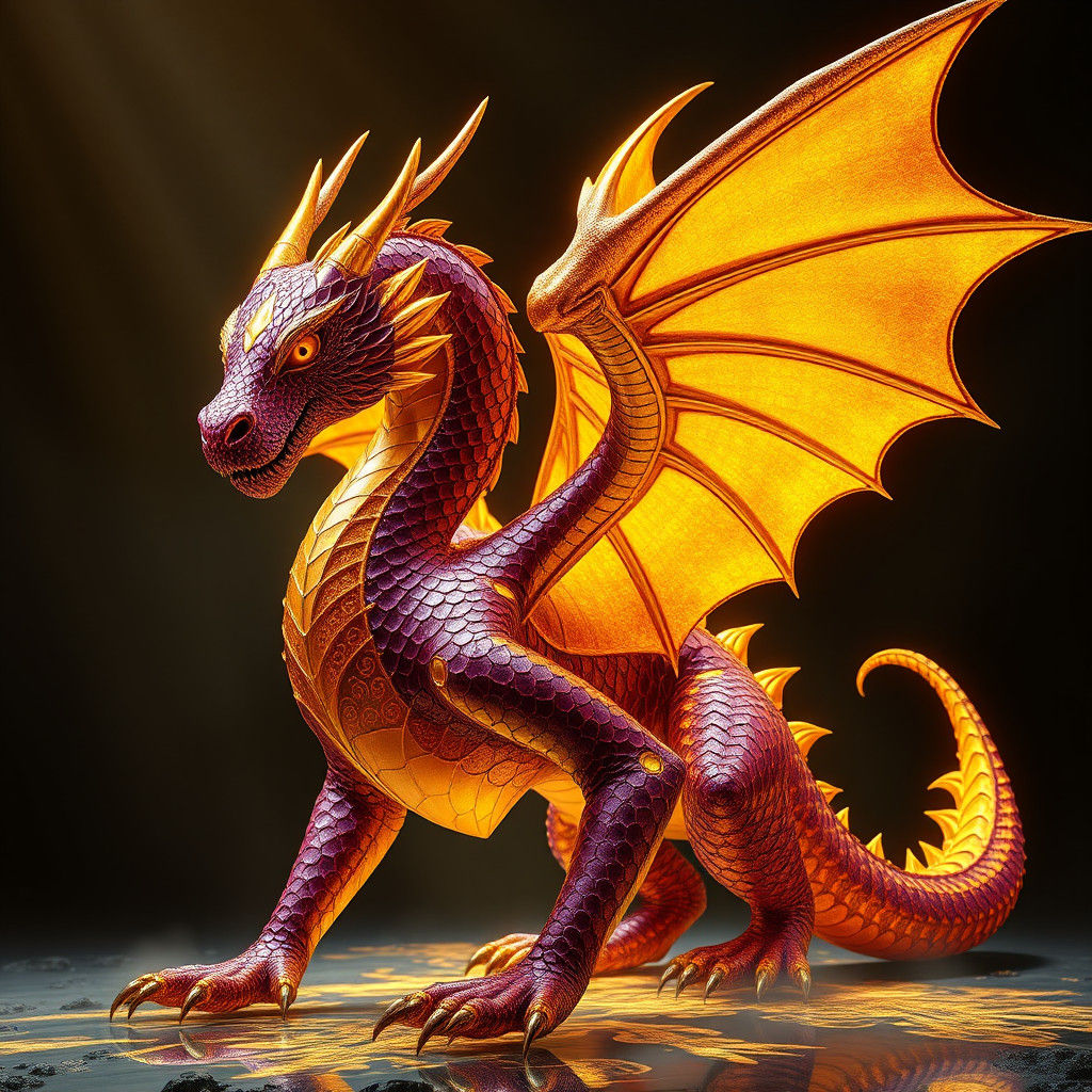 Hyperrealistic Fractal Dragon in Plum-Purple and Gold