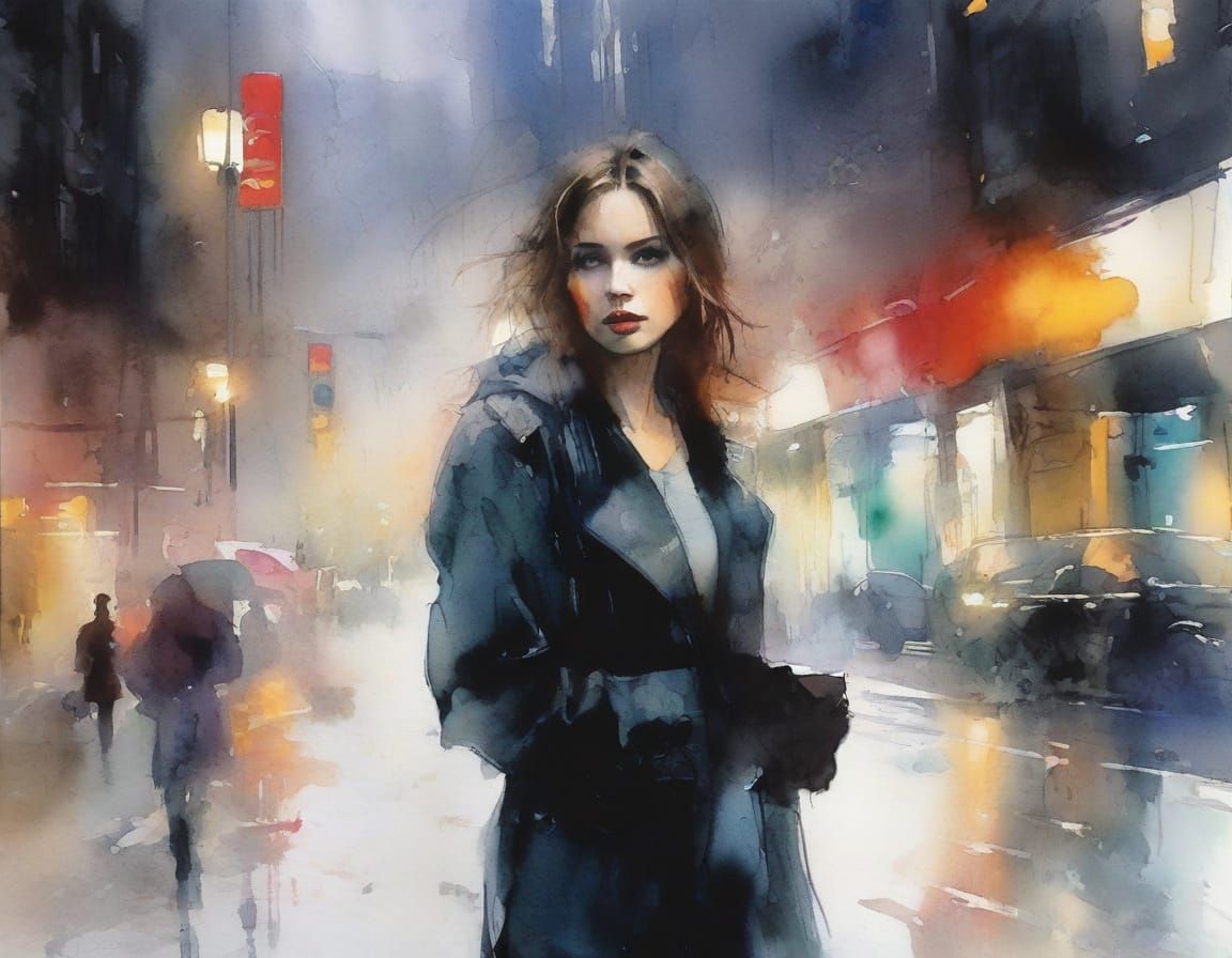 Mysterious Figure in Streetlight Glow: Watercolour Concept A...