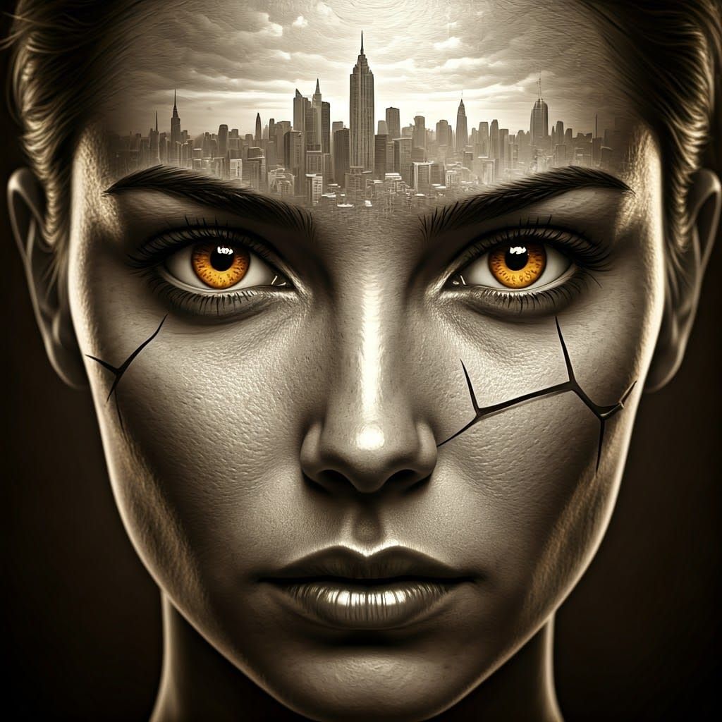 Surreal Woman Face Merging With Cityscape