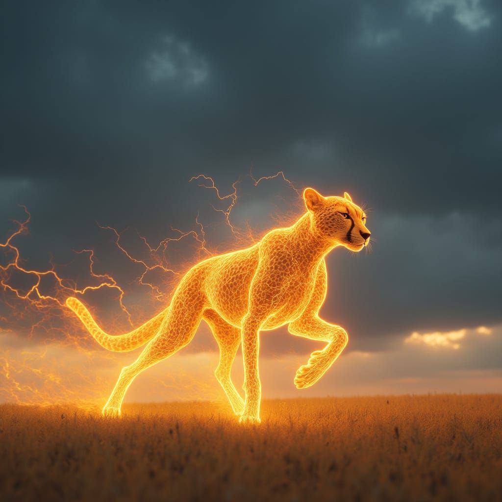 Glowing Lightning Cheetah in Futuristic Stormscape