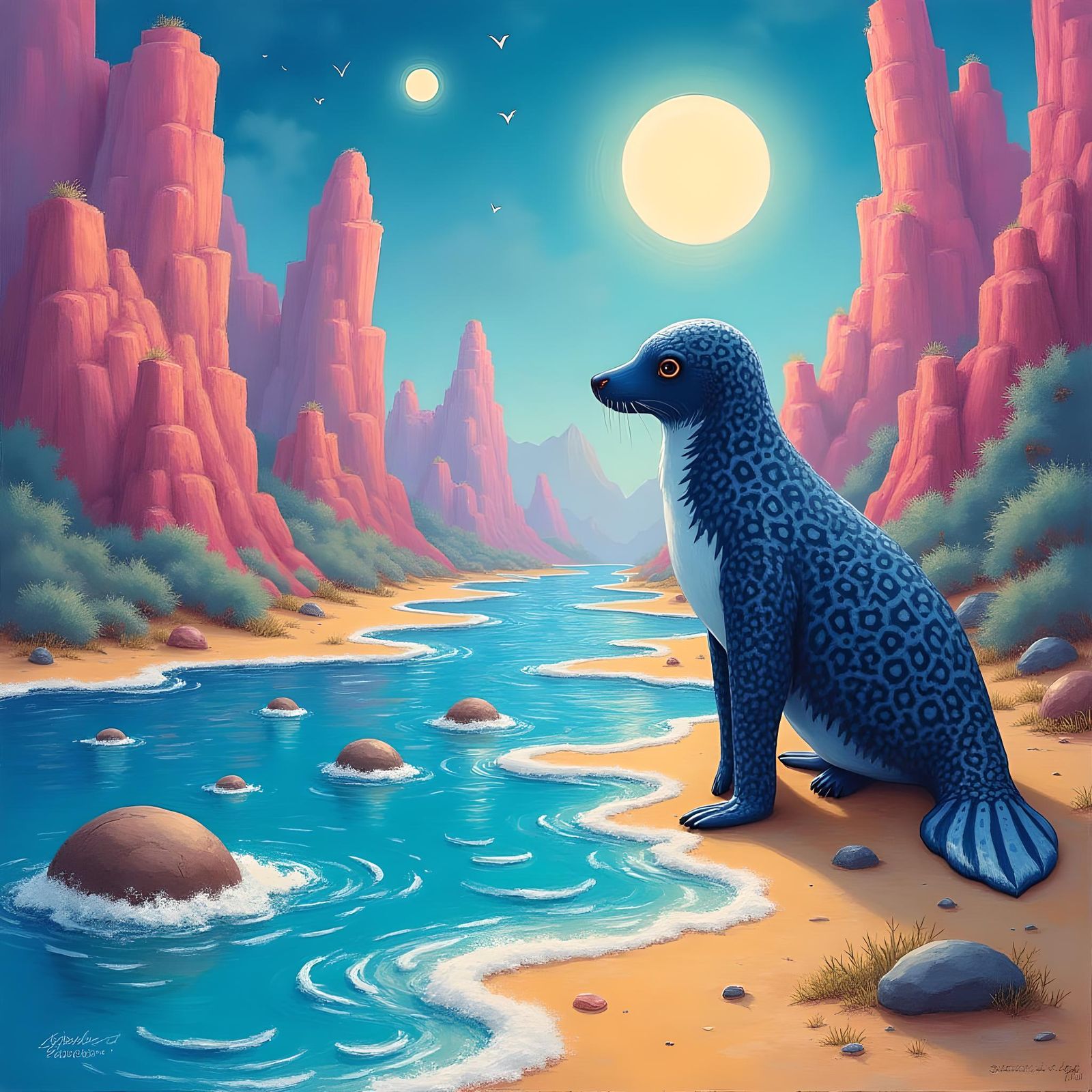 Penguin and Leopard Seal in Candyland Gouache