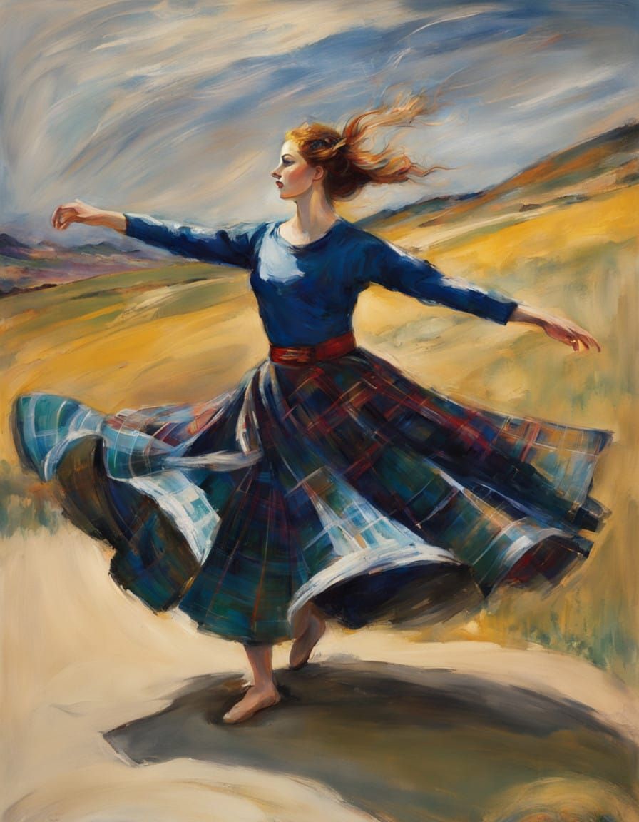 Style of John Singer Sargent, a female Scottish dancer in tartan