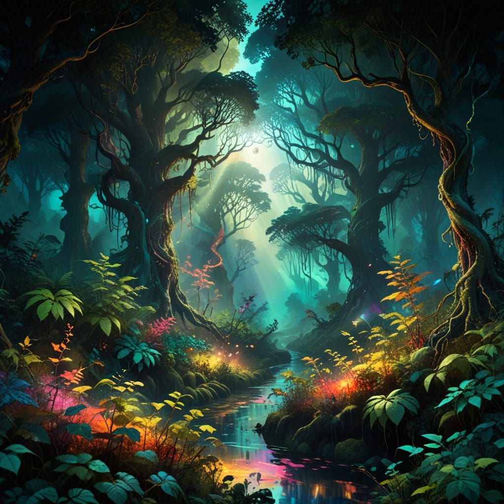 Misty Green Forest in Light Digital Landscape