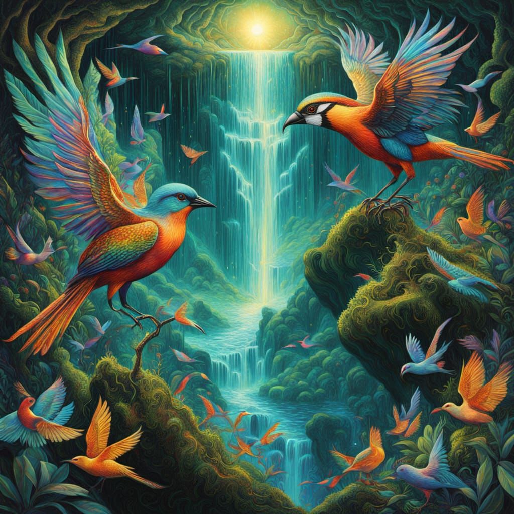 Luminous Eye Surrounded by Turquoise Waterfall and Emerald F...