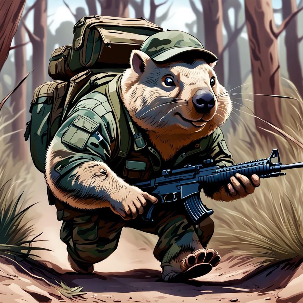 Cartoon Wombat Sneaking Up on Human in Camo