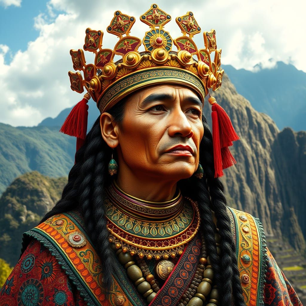 Inca King Portrait in Surreal Textile Style