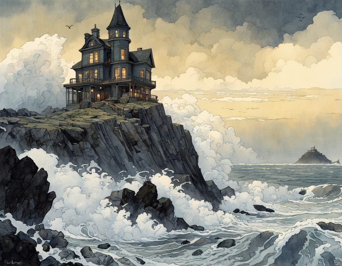 Majestic Victorian Mansion Surrounded by Turbulent Waves