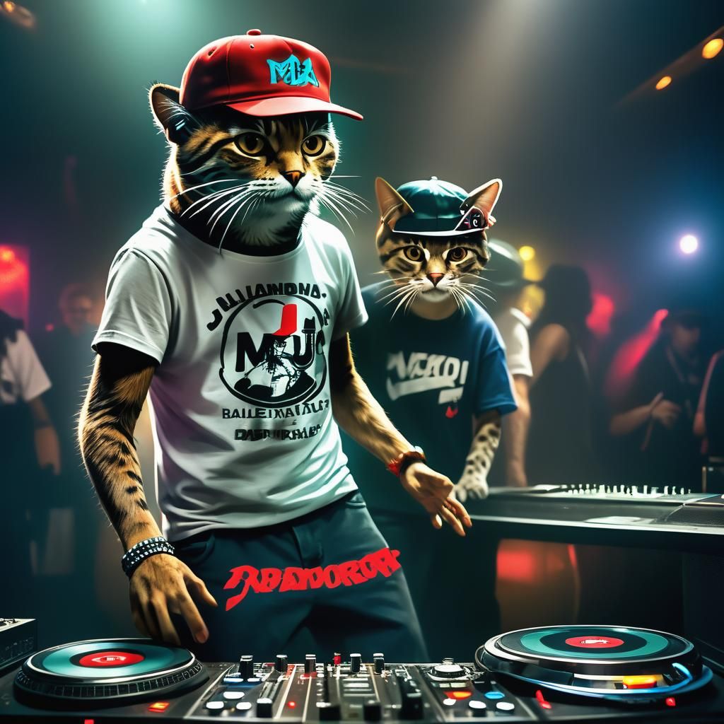 Cat DJ Mixing Music at Disco Party