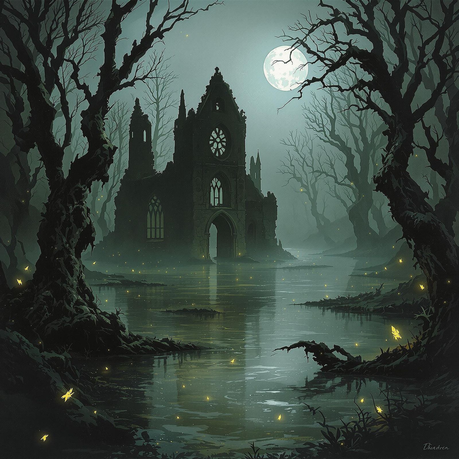 Mystical Swamp Cathedral in Eerie Moonlight