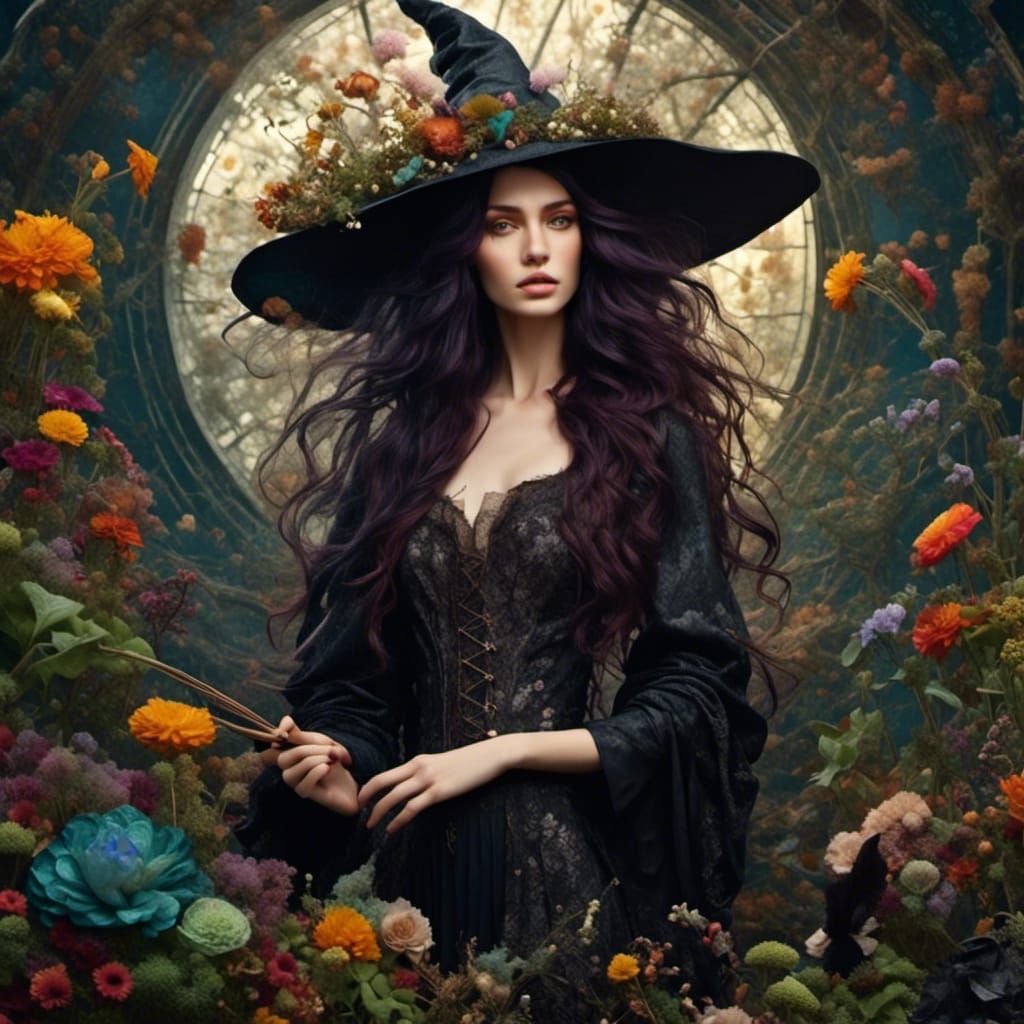 Beautiful Witch in Garden Gathering Herbs