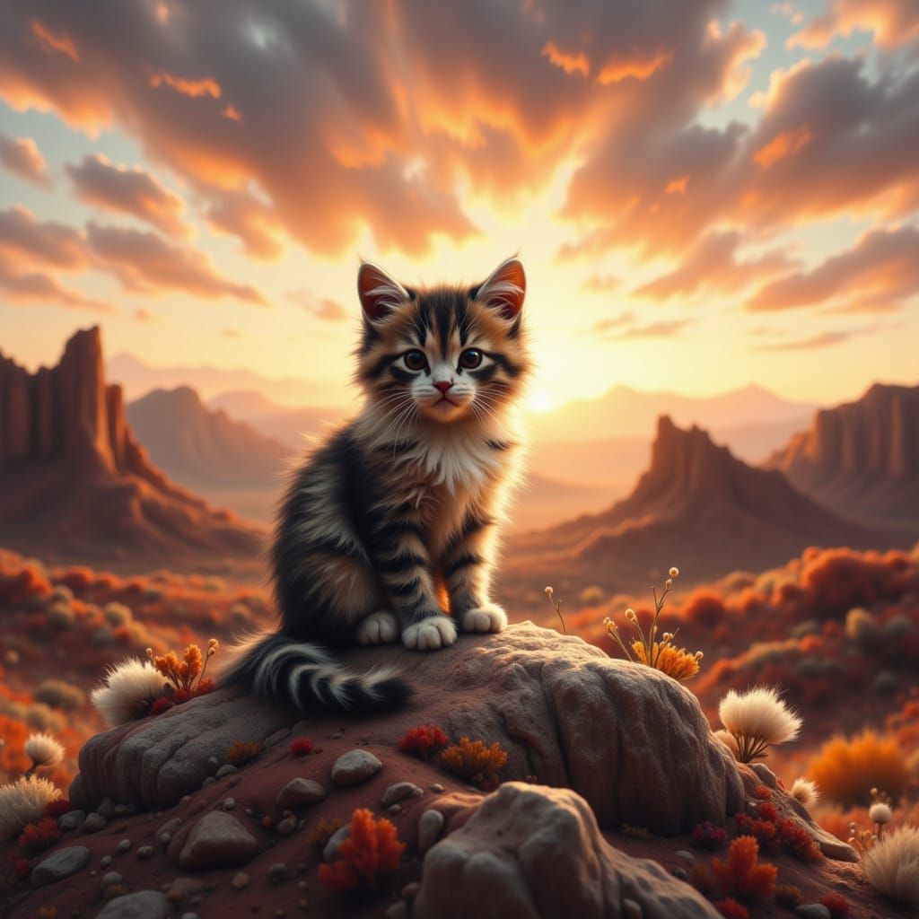 Grumpy Kitten at Desert Sunset in Fluid Art