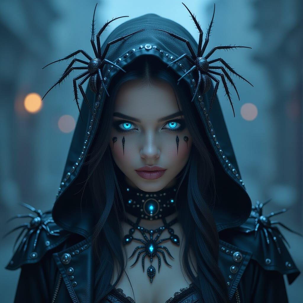 Gothic Woman with Metal Insects in Dark Biomechanical Style