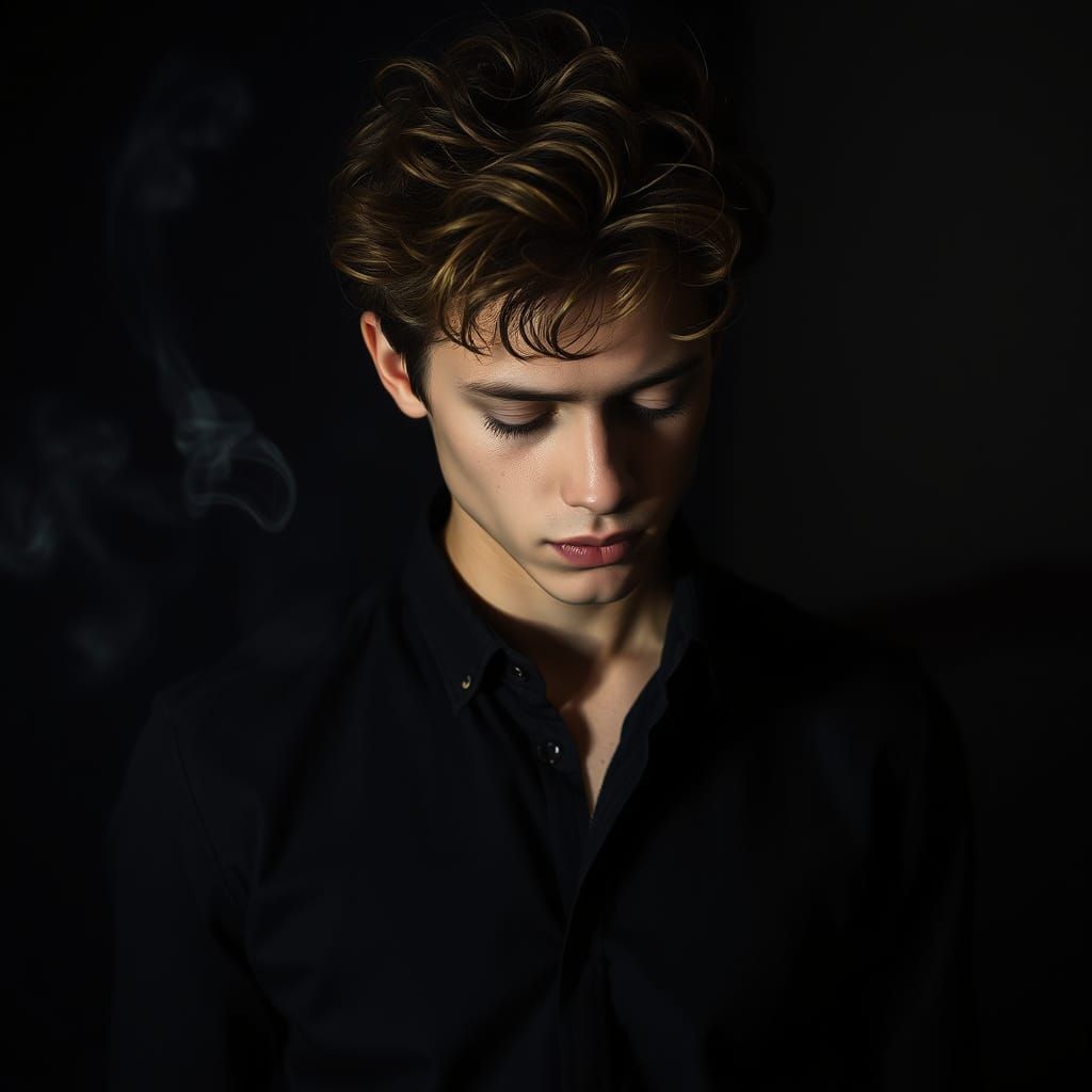 Young Man Lost in Thought, Shrouded in Cigarette Smoke