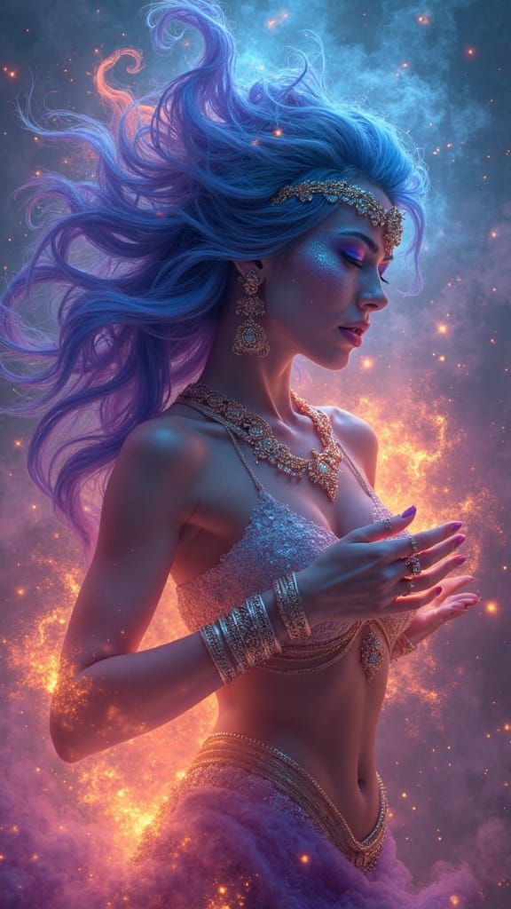 Cosmic Genie Emerges in Neon Smoke and Starlight