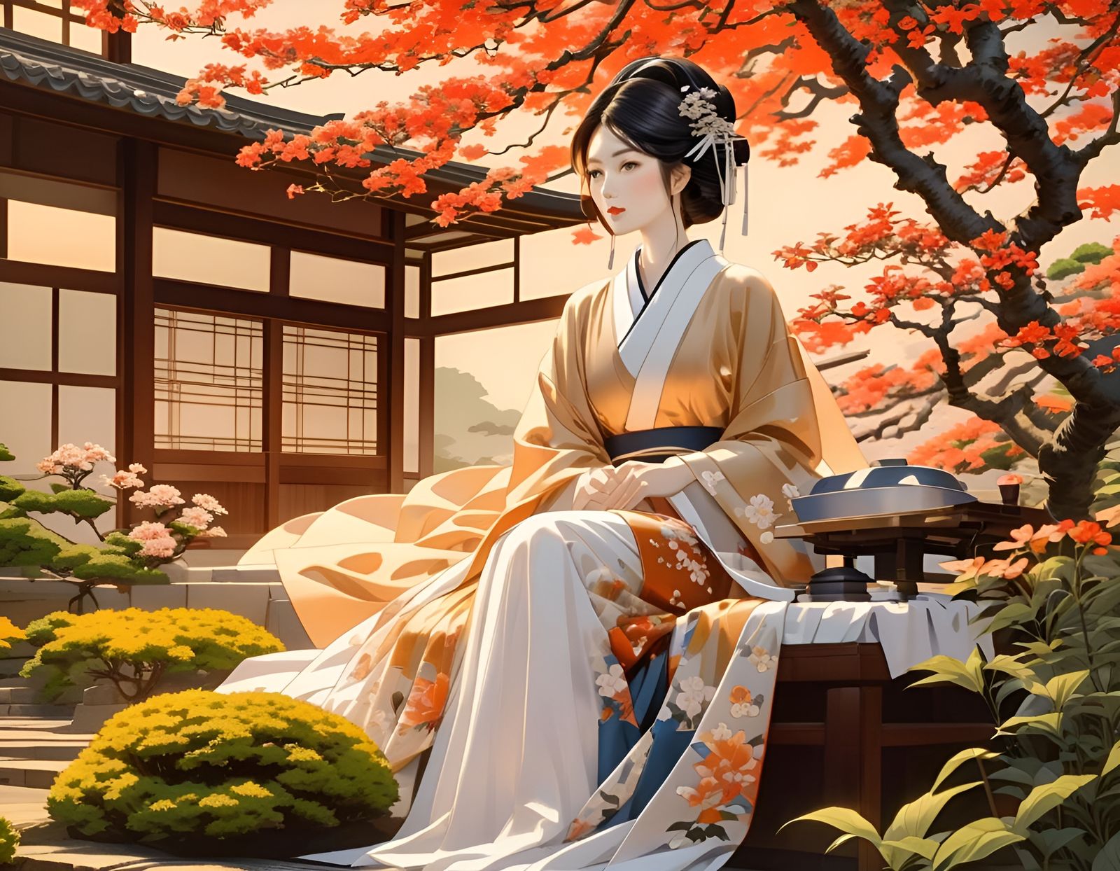 Elegant Geisha in Serene Ukiyo-e Garden