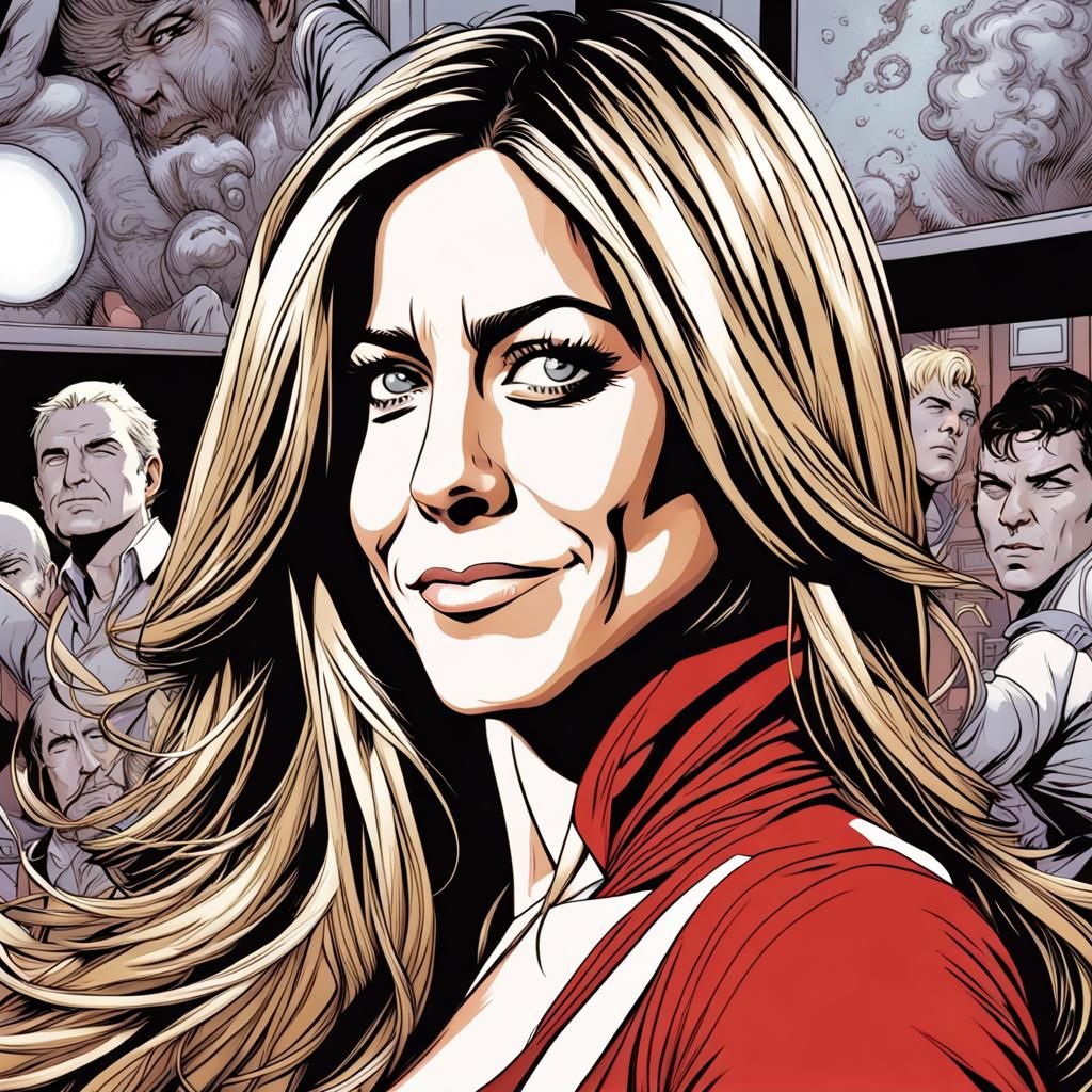 Jennifer Aniston Comic Book Art in Red Dress