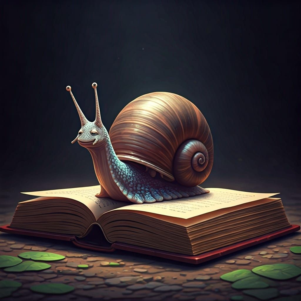 Serene Snail Reads a Book in Ghibli Style