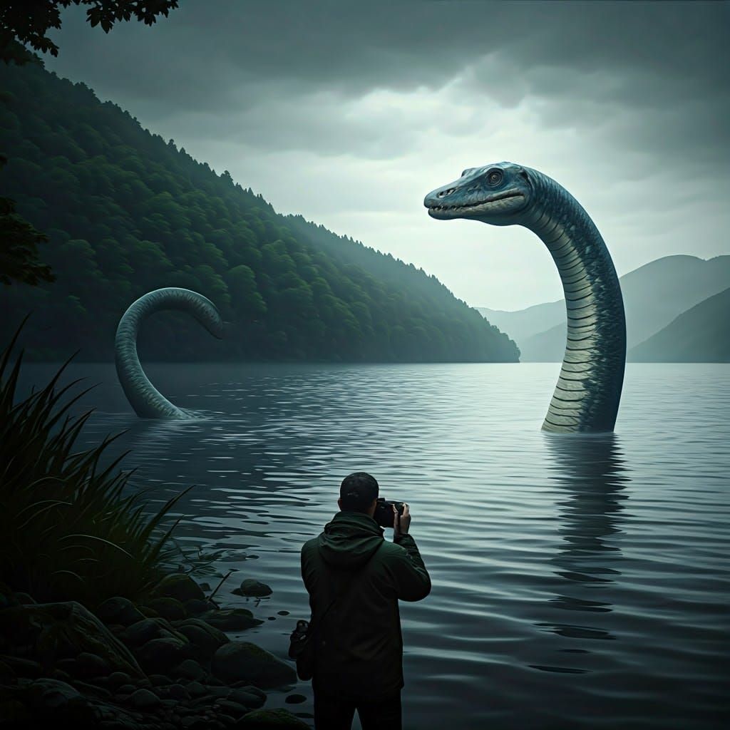 Loch Ness Monster Emerges at Dusk: Serpentine Plesiosaur