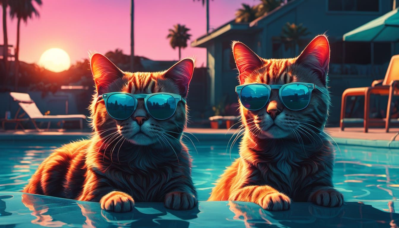 Cat in Sunglasses Basks in Sunset Poolside Oasis