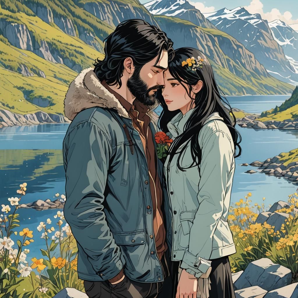 Kissing Couple on Fjord in Anime Style