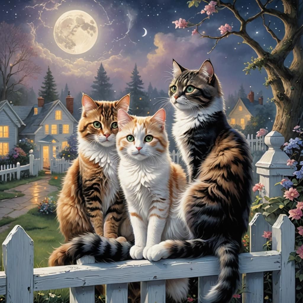 Cats Silhouetted by Moonlight in Ethereal Fantasy Style