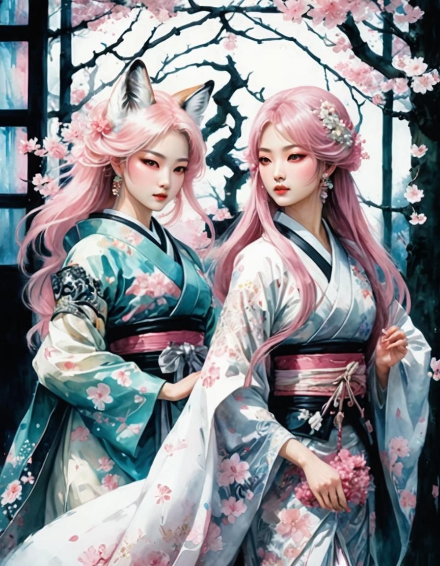 Japanese Beauty and Fox Spirit in Cherry Blossom Forest