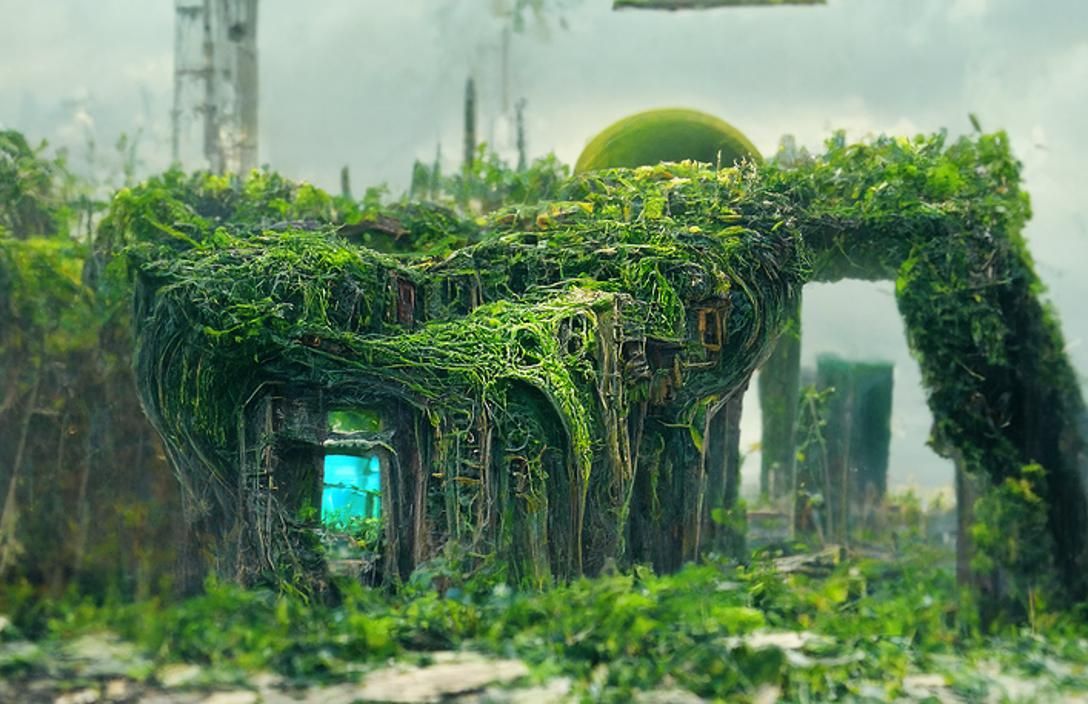 Biomechanical Ruins with Portal, in Dark Surrealist Style