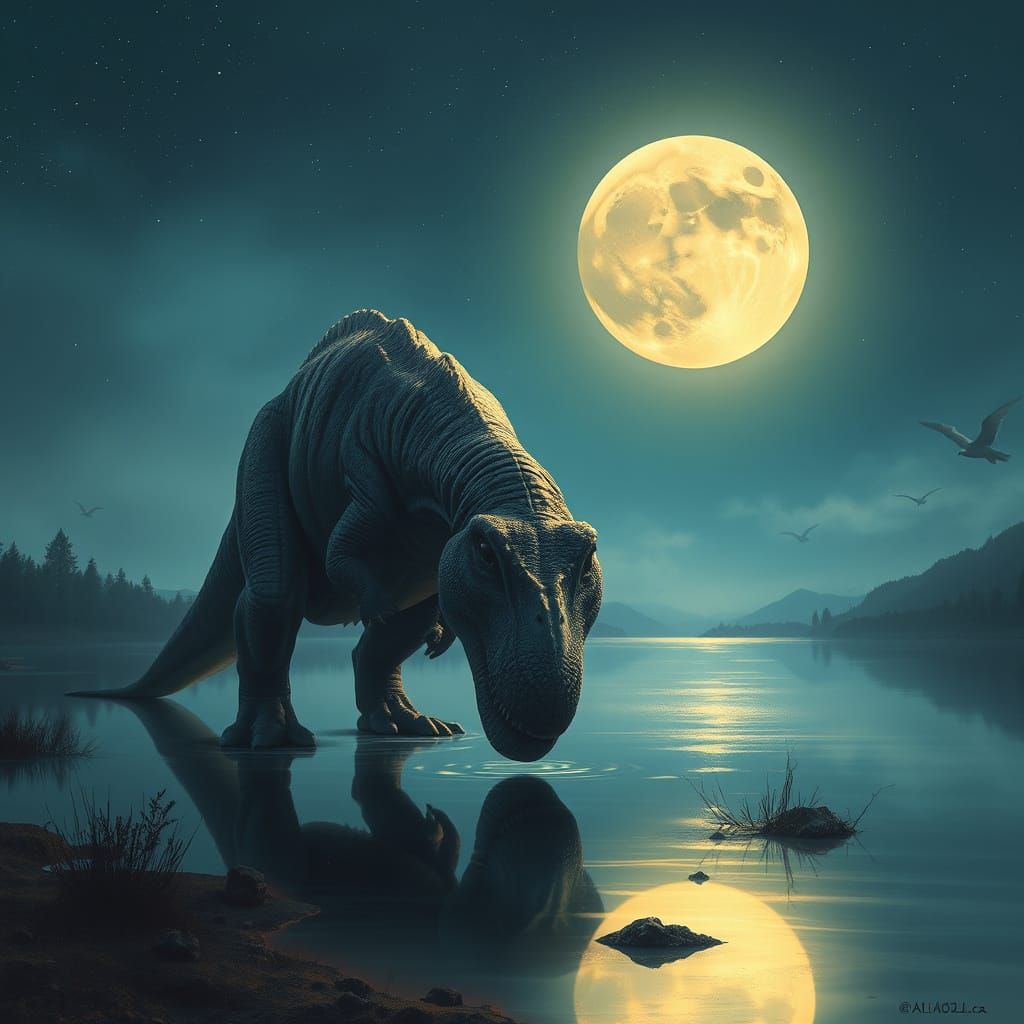 Moonlit T-Rex Drinks from Serene Lake