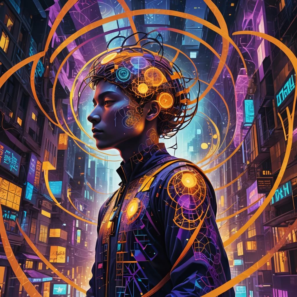 Mystical Being in a Neon Cityscape: Surreal Digital Art