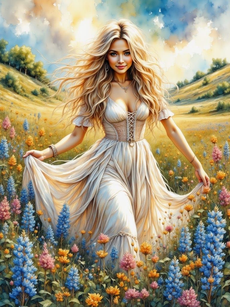 Woman Walks Through Wildflower Field, Art Nouveau Style