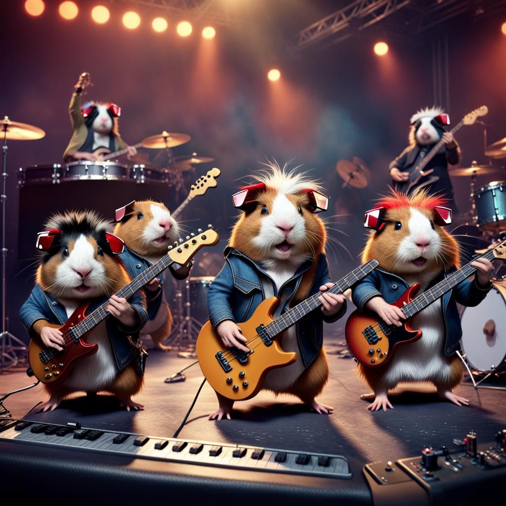 Guinea Pigs Form Rock Band: Detailed Digital Art