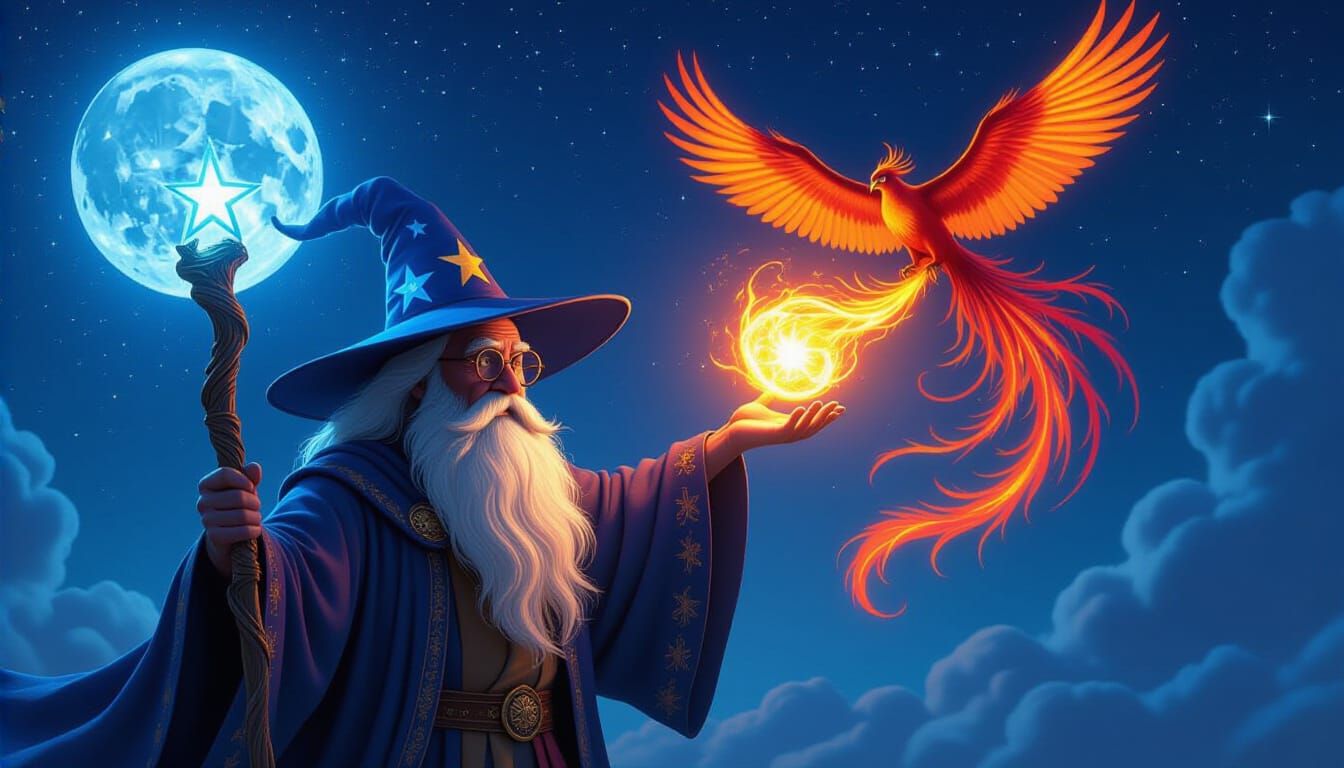 Wizard Casting Spell with Phoenix in Cyberpunk Style