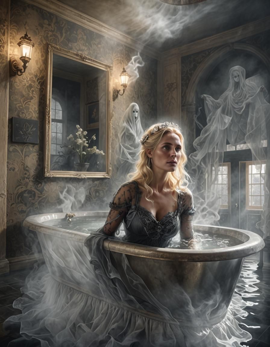 Ghost hovering behind a bathing beautiful blonde hair Switze...