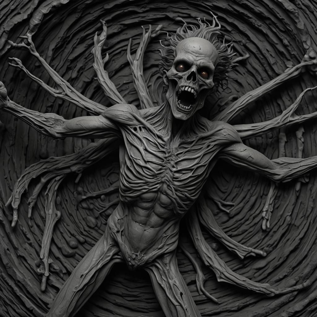 Darkness engulfs man, presence ungodly, fiendish infused int...