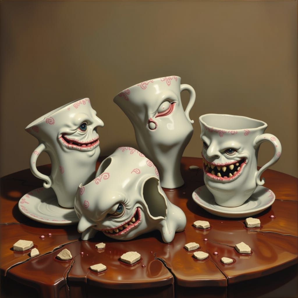 Antique Teacups with Expressive Faces on Wooden Table