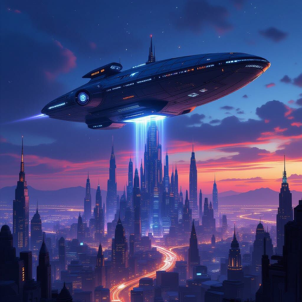 Futuristic Cityscape with Descending Spaceship at Twilight