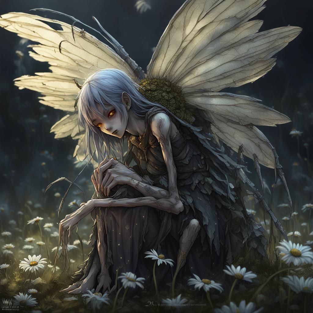 Weeping fairy with only one wing (ragged and torn) clinging ...