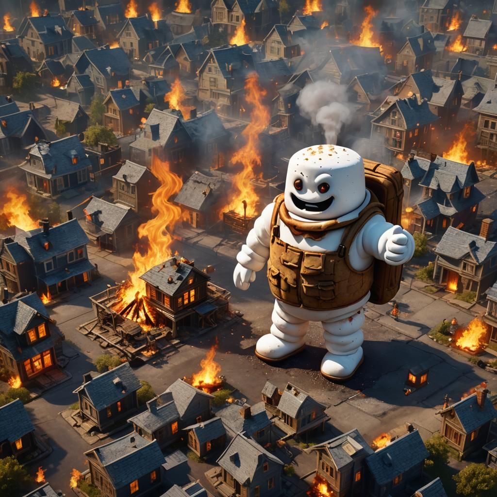 Flaming Marshmallow Man Terrorizes Town: Fantasy Art