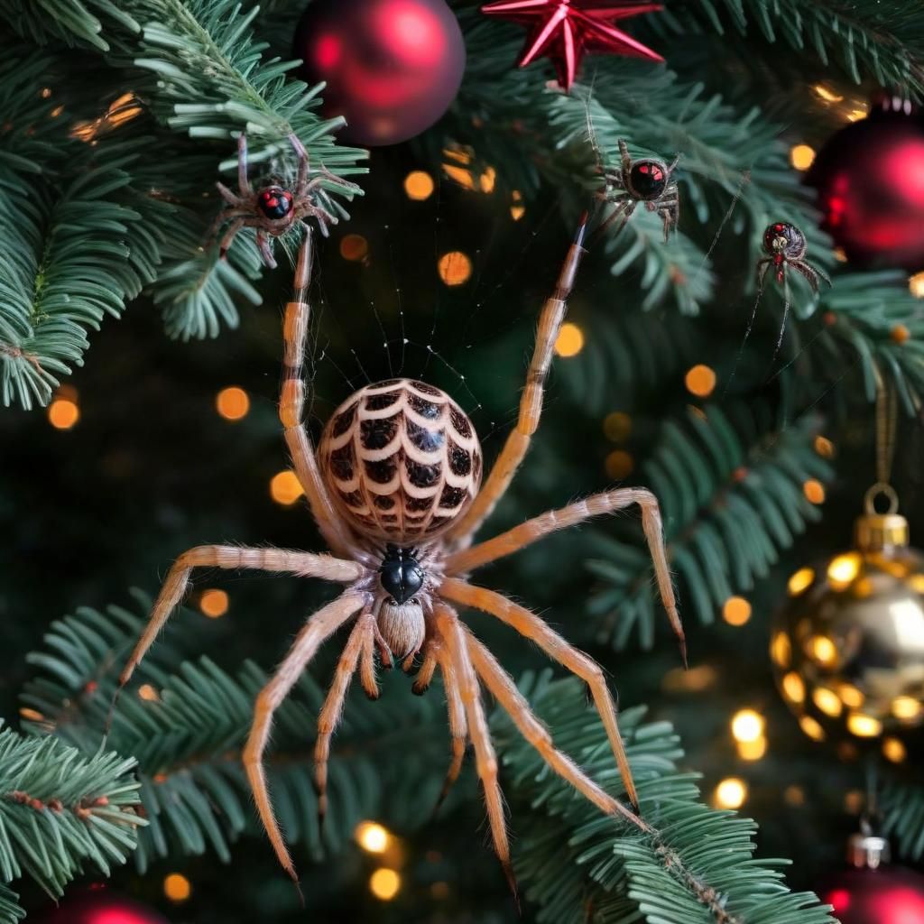 Spiders Celebrate Christmas in a Decorated Tree
