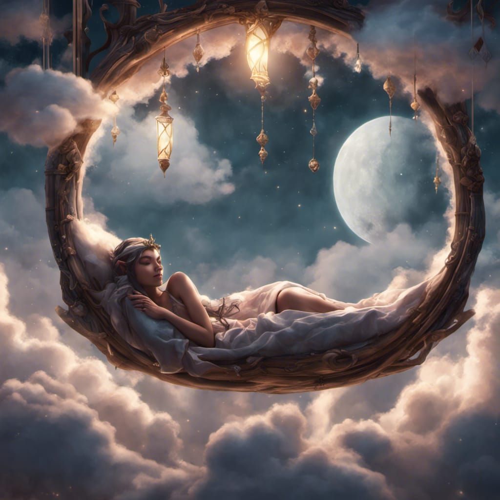 Elf Girl Sleeping on Bed in Clouds