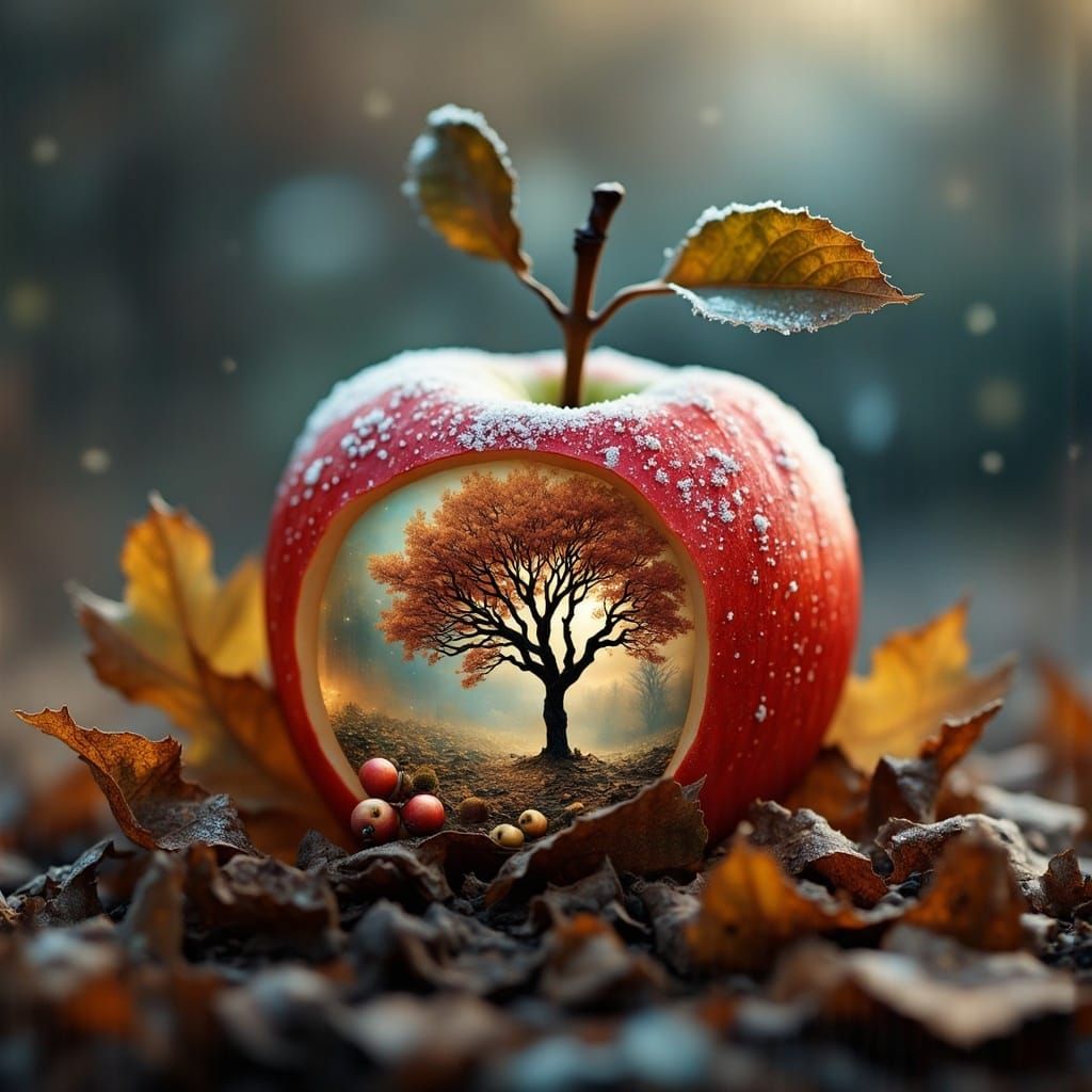 Translucent Red Apple in Frosty Autumn Landscape