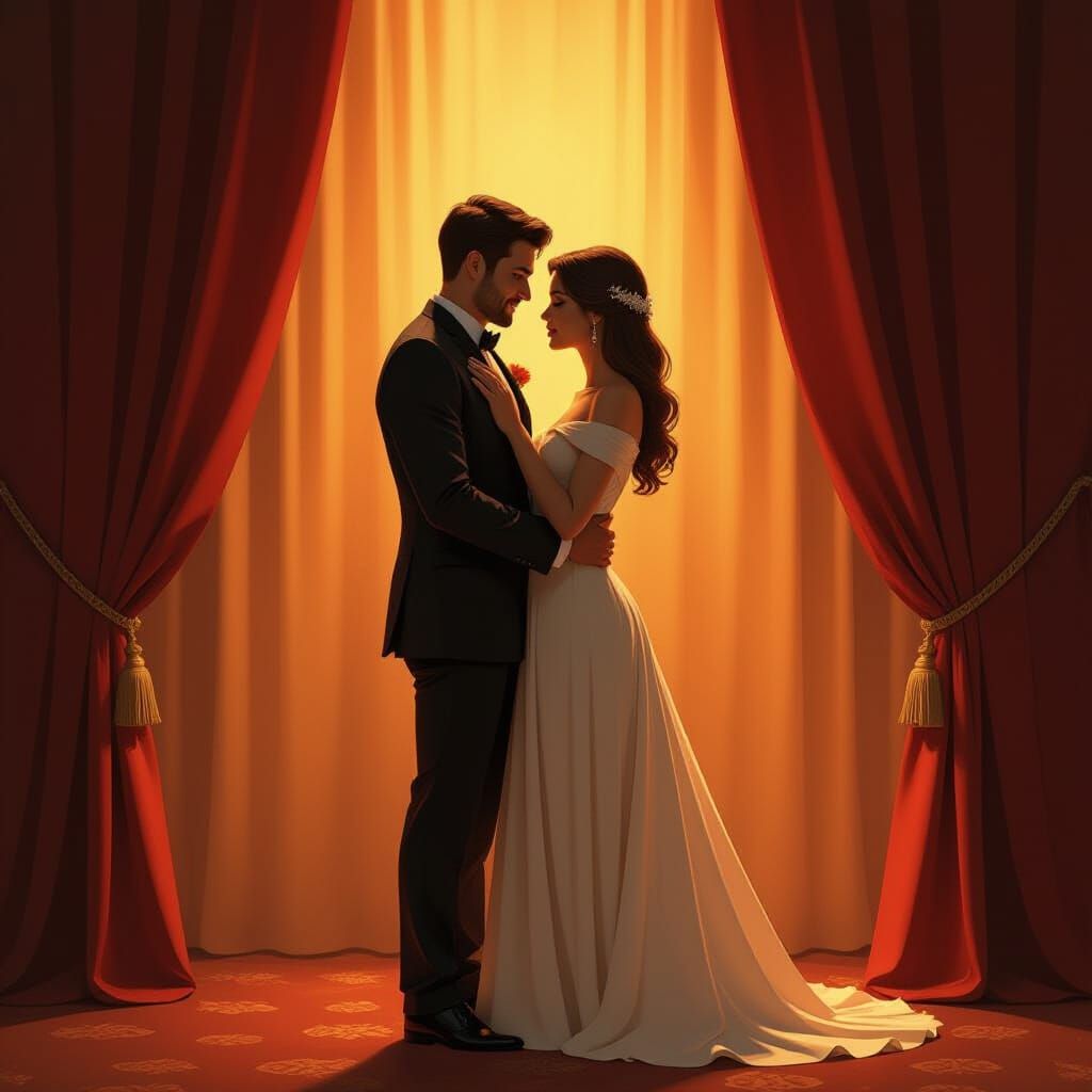 Romantic Embrace Amidst Theater Curtains in Dreamlike Style