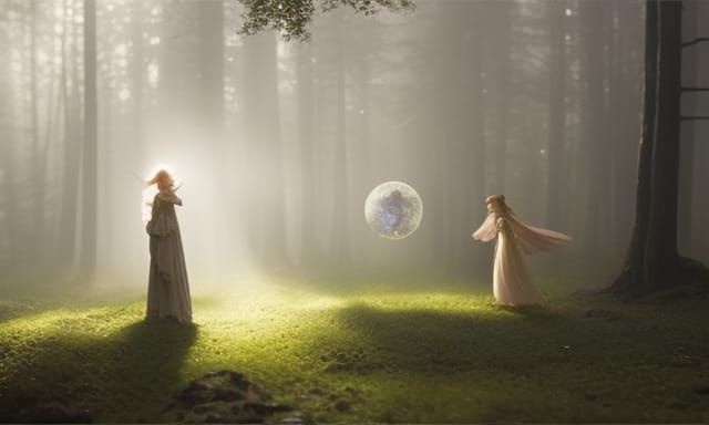 elves playing magic-ball in the woods