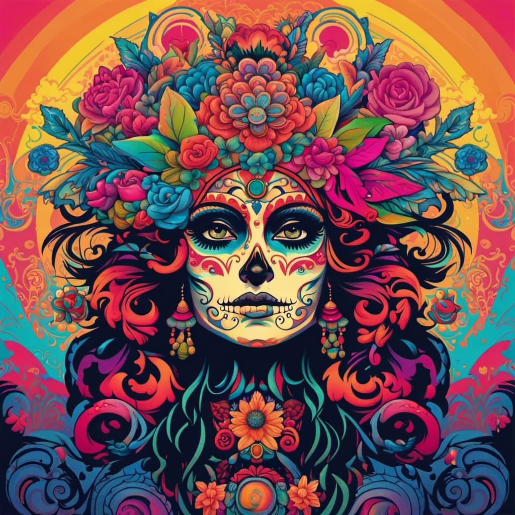 Psychedelic Day of the Dead Character in Pop Art Style